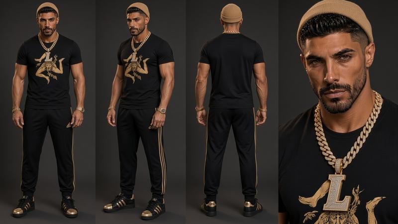 Character sheet: man in a beanie, black tee and track pants with a gold Cuban chain