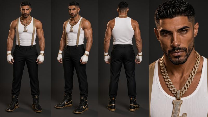Character sheet: man in a tank top with suspenders
