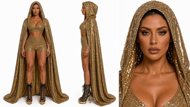 Character sheet: woman in a gold sequined hooded cape